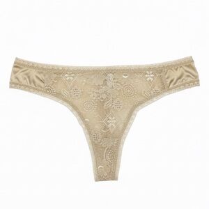 NWT Eres Satin Trim Floral Lace Thong Panty Beige Gold Silk Blend Sz 10